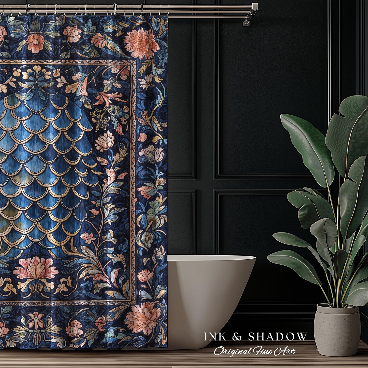 Mystic Academia Dragon Scale Shower Curtain | Whimsigothic Elegance Ornate Baroque Navy Blue Bathroom Fairytale Floral Home Decor Gothic |
