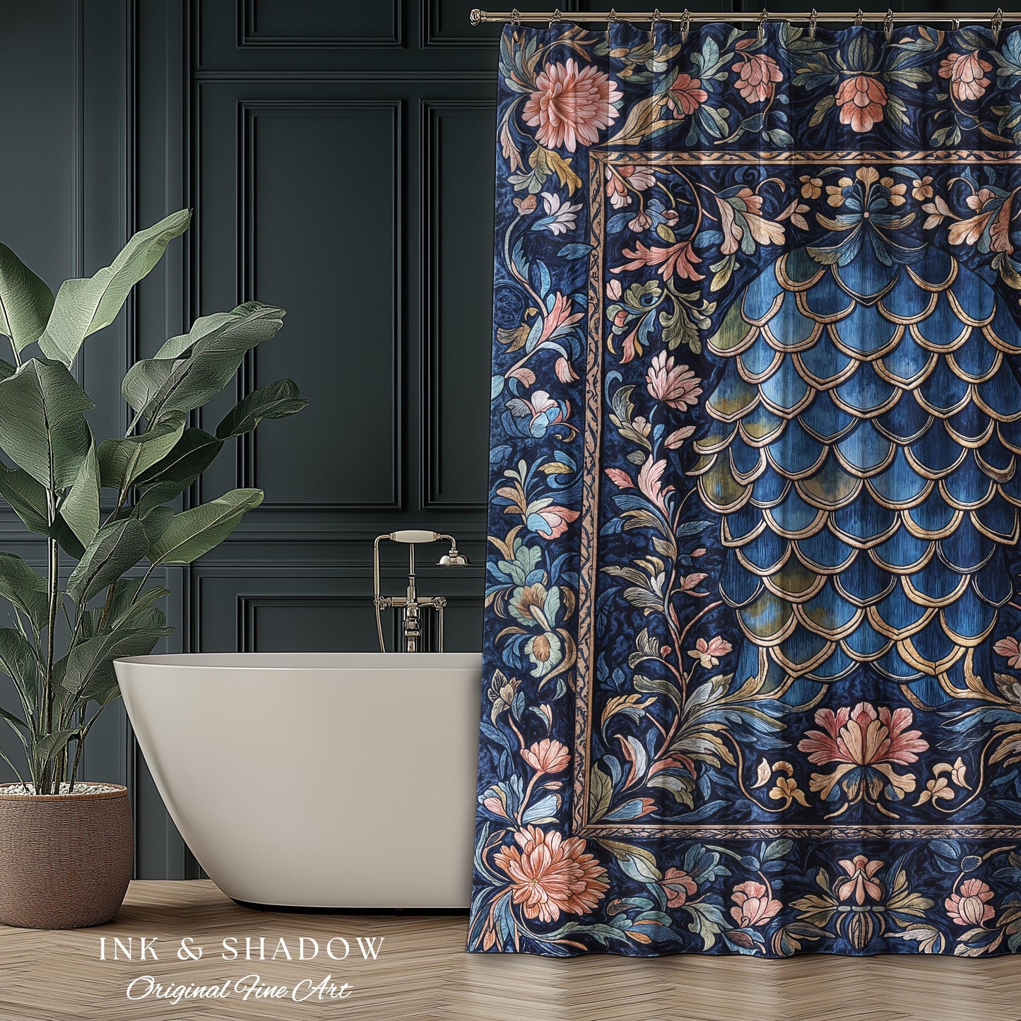 Mystic Academia Dragon Scale Shower Curtain | Whimsigothic Elegance Ornate Baroque Navy Blue Bathroom Fairytale Floral Home Decor Gothic |