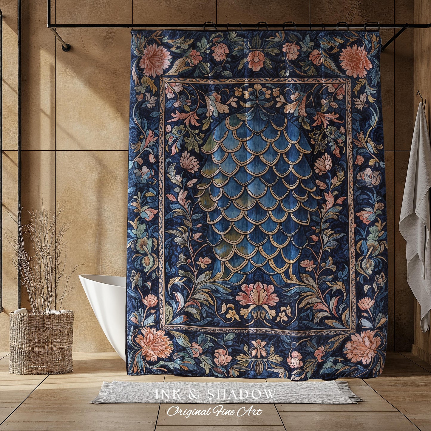 Mystic Academia Dragon Scale Shower Curtain | Whimsigothic Elegance Ornate Baroque Navy Blue Bathroom Fairytale Floral Home Decor Gothic |