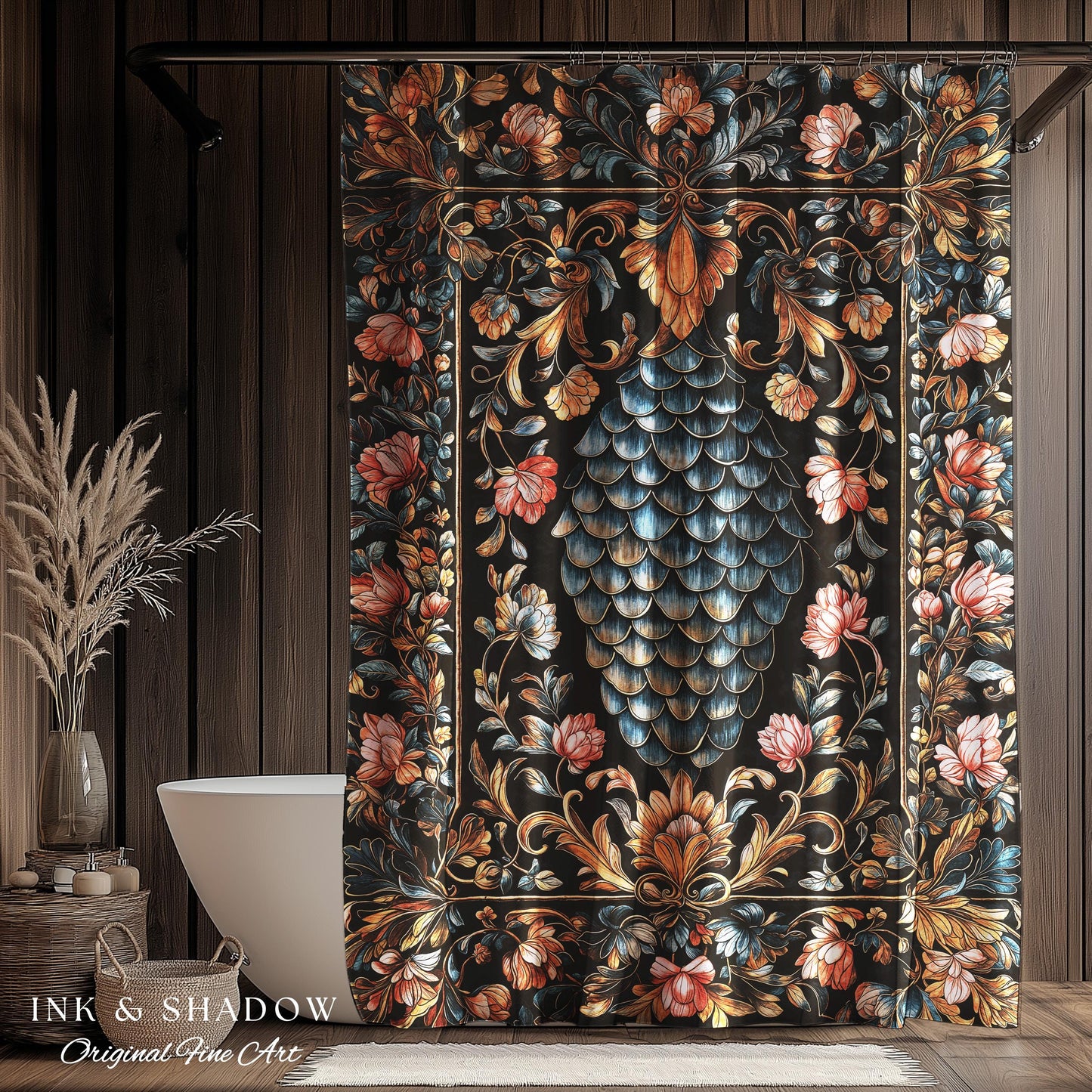 Book Nook Elegant Dragon Scale Shower Curtain | Whimsical Ornate Victorian Pastel Bathroom Dark Academia Moody Botanical Coquette Aesthetic