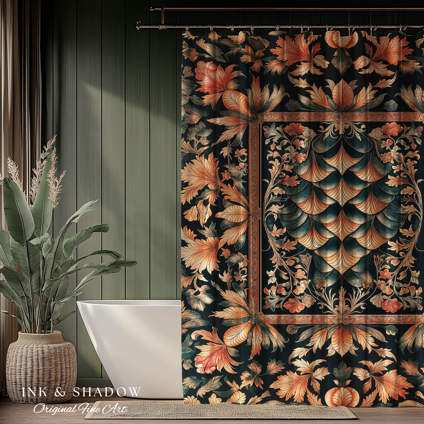 Royal Elegance Rococo Shower Curtain | Medieval Magic Ethereal Pastel Storybook Bathroom Decor Victorian Dragon Scales Decorative Eclectic |