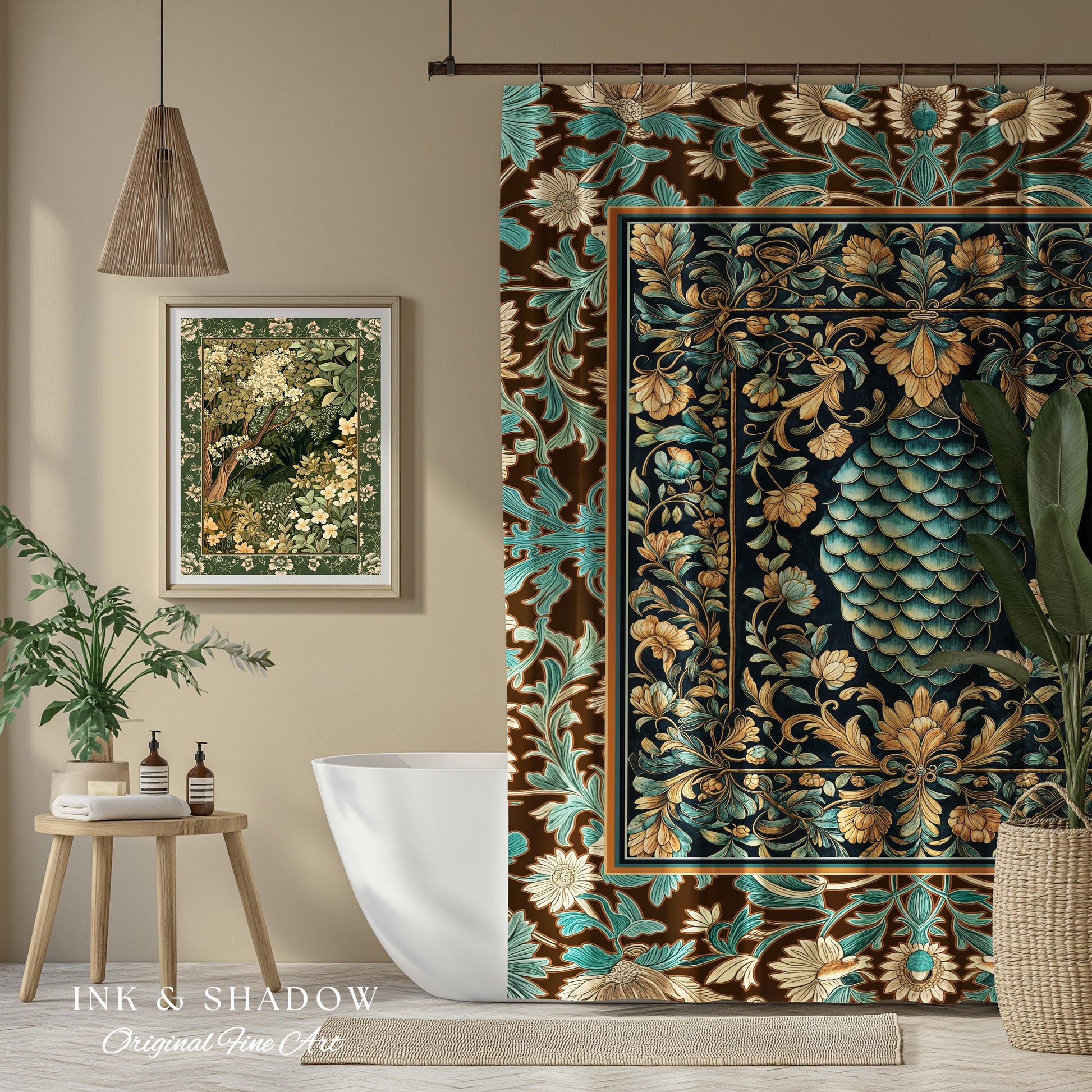 Soft Teal Castlecore Shower Curtain | Fairy Pastel Ornate Gothic Dragon Scale Fantasy Bathroom Rustic Knightcore Medieval Victorian Decor |