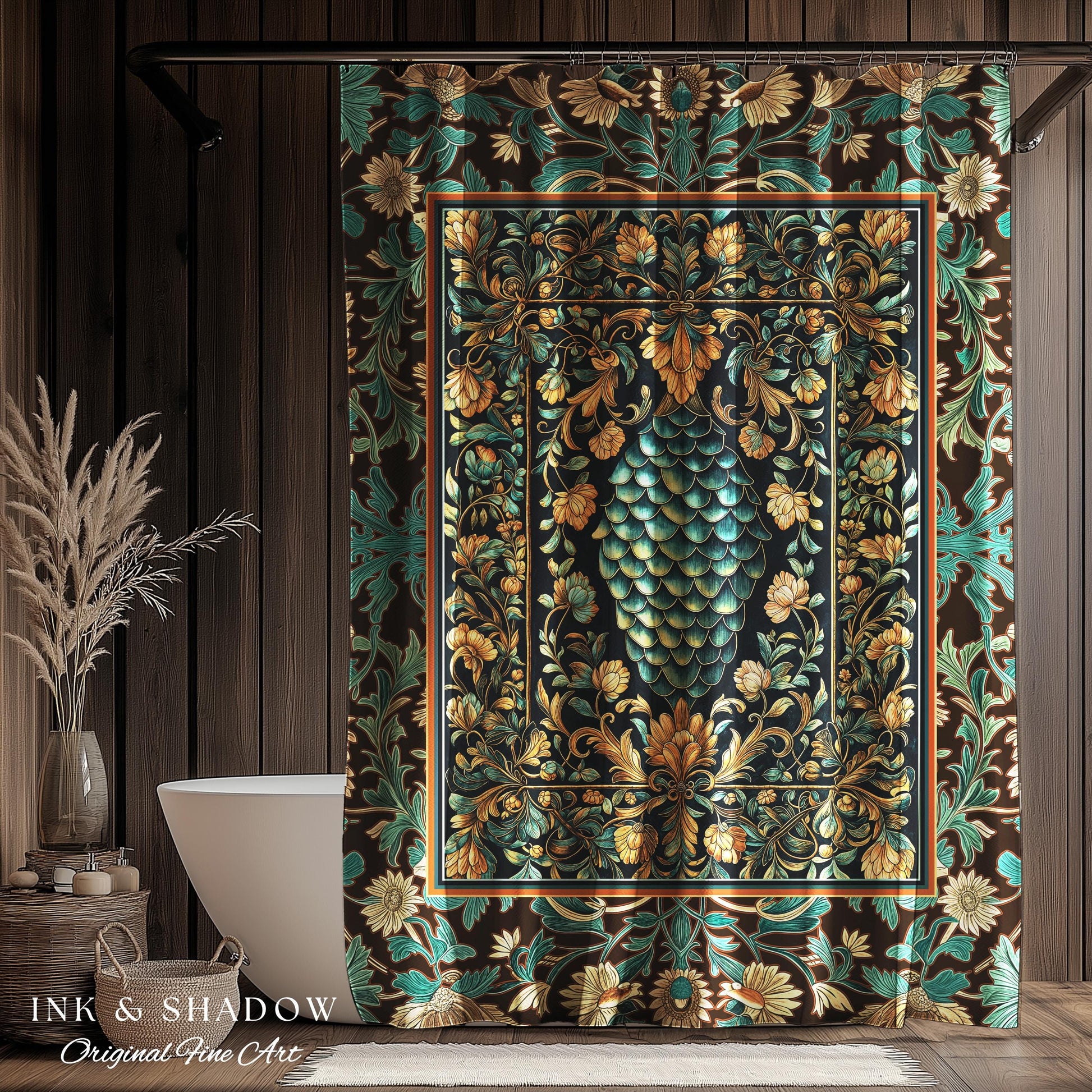 Soft Teal Castlecore Shower Curtain | Fairy Pastel Ornate Gothic Dragon Scale Fantasy Bathroom Rustic Knightcore Medieval Victorian Decor |