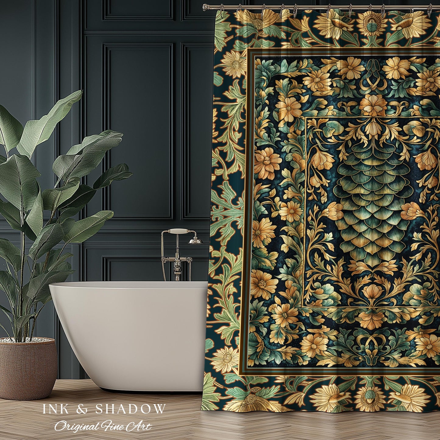 Medieval Maximalist Ethereal Shower Curtain | Soft Pastel Castlecore Bathroom Fairy Grunge Ornate Dragon Scale Rustic Victorian Style Decor