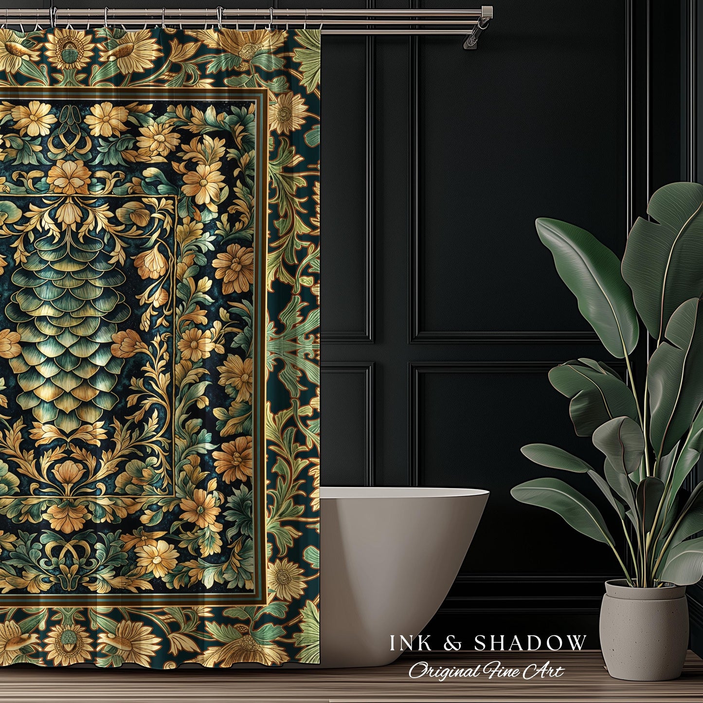 Medieval Maximalist Ethereal Shower Curtain | Soft Pastel Castlecore Bathroom Fairy Grunge Ornate Dragon Scale Rustic Victorian Style Decor