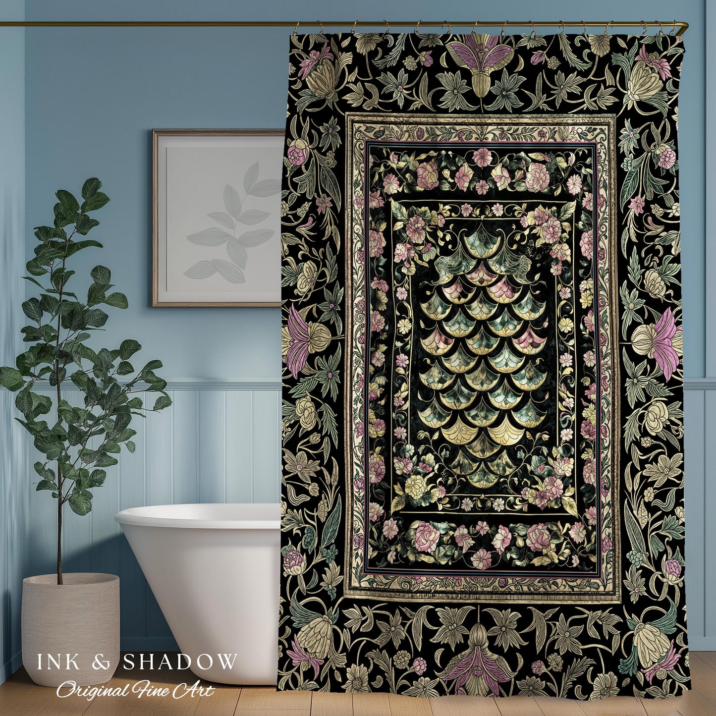 Witchy Mystic Dragon Scale Shower Curtain | Gothic Baroque Dark Academia Pastel Floral Bathroom Maximalist Ornate Eclectic Art Deco Decor |