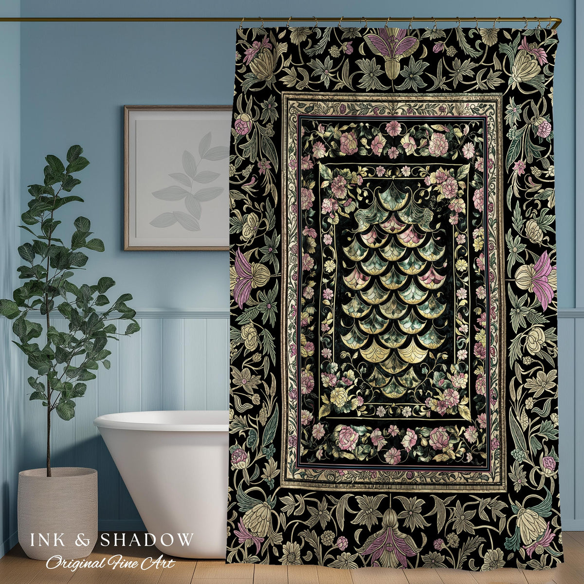 Witchy Mystic Dragon Scale Shower Curtain | Gothic Baroque Dark Academia Pastel Floral Bathroom Maximalist Ornate Eclectic Art Deco Decor |