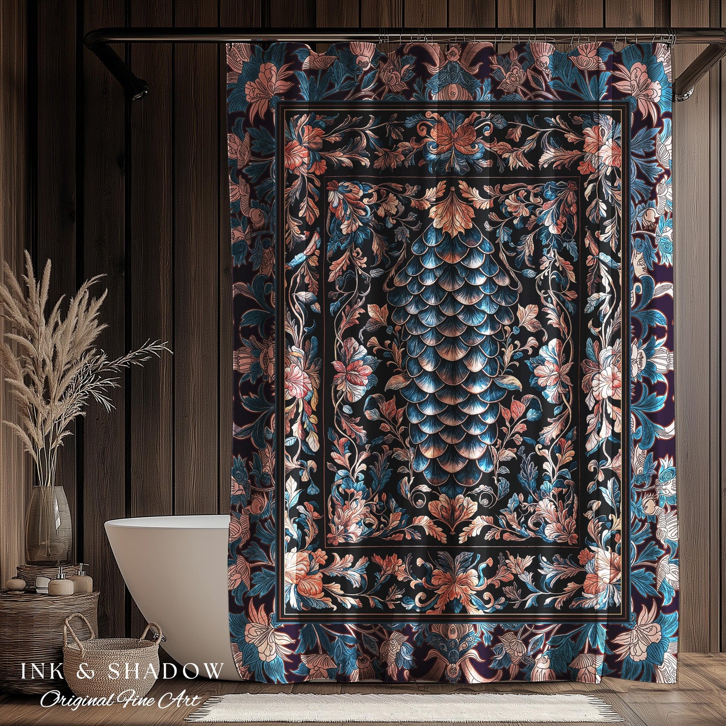 Soft Victorian Pastels Shower Curtain | Princesscore Coquette Aesthetic Storybook Fairytale Bathroom Dragon Scale Home Accent Elegant Style