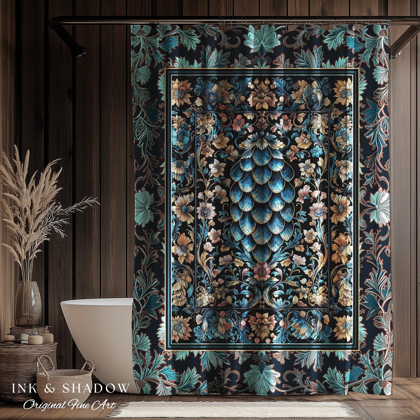 Indigo Magic Royal Shower Curtain | Dark Academia Accent Colorful Botanical Bathroom Elegant Ornate Dragon Scale Fairytale Medieval Style |