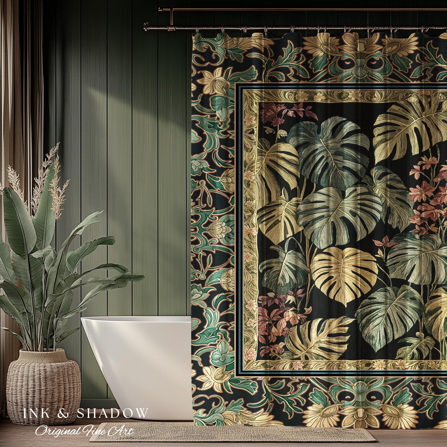 Monstera Forest Maximalist Botanical Shower Curtain | Dark Cottagecore Woodland Houseplant Bathroom Decor Whimsigothic Dark Academia Style |