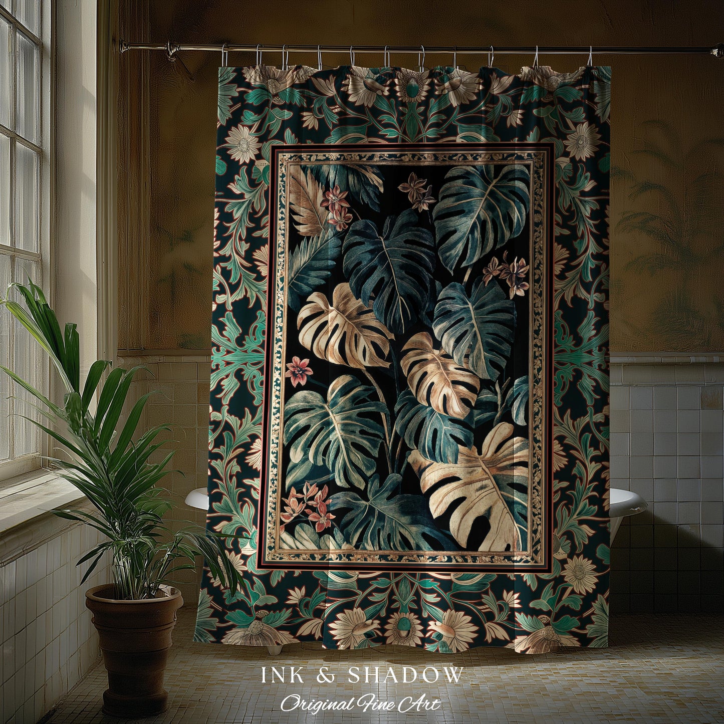 Dark Forest Whimsical Woodland Shower Curtain | Houseplant Bathroom Decor Baroque Aesthetic Dark Academia Accent Fairycore Ethereal Style |
