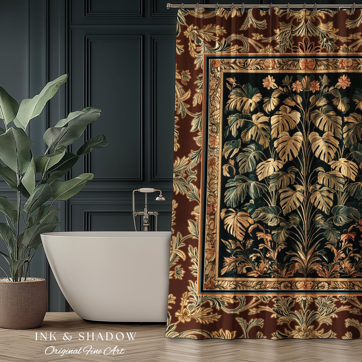 Rustic Renaissance Aesthetic Monstera Jungle Shower Curtain | Dark Cottagecore Whimsy Woodland Bathroom Emerald Green Romantic Maximalist |