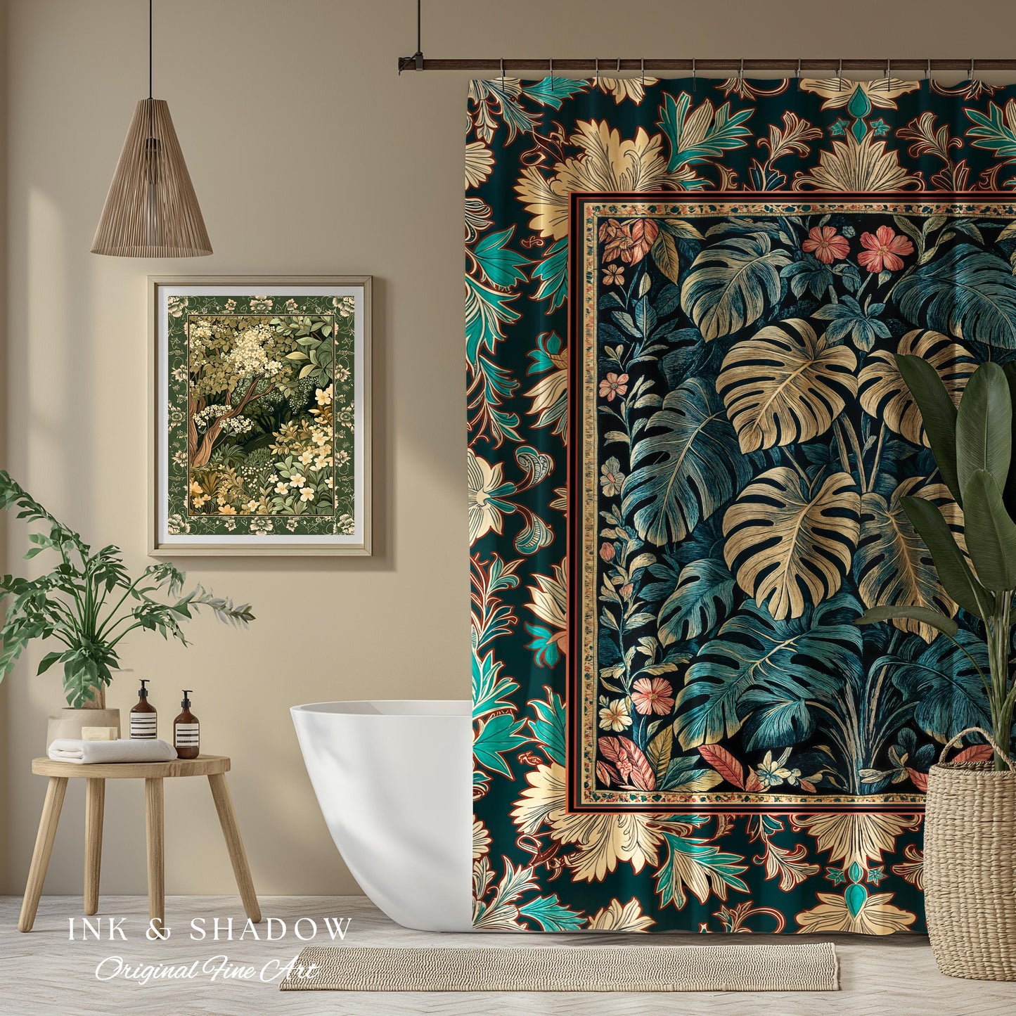 Romantic Tropigoth Shower Curtain | Woodland Victorian Floral Houseplant Whimsical Gothic Aesthetic Monstera Plant Lover Bathroom Decor Boho