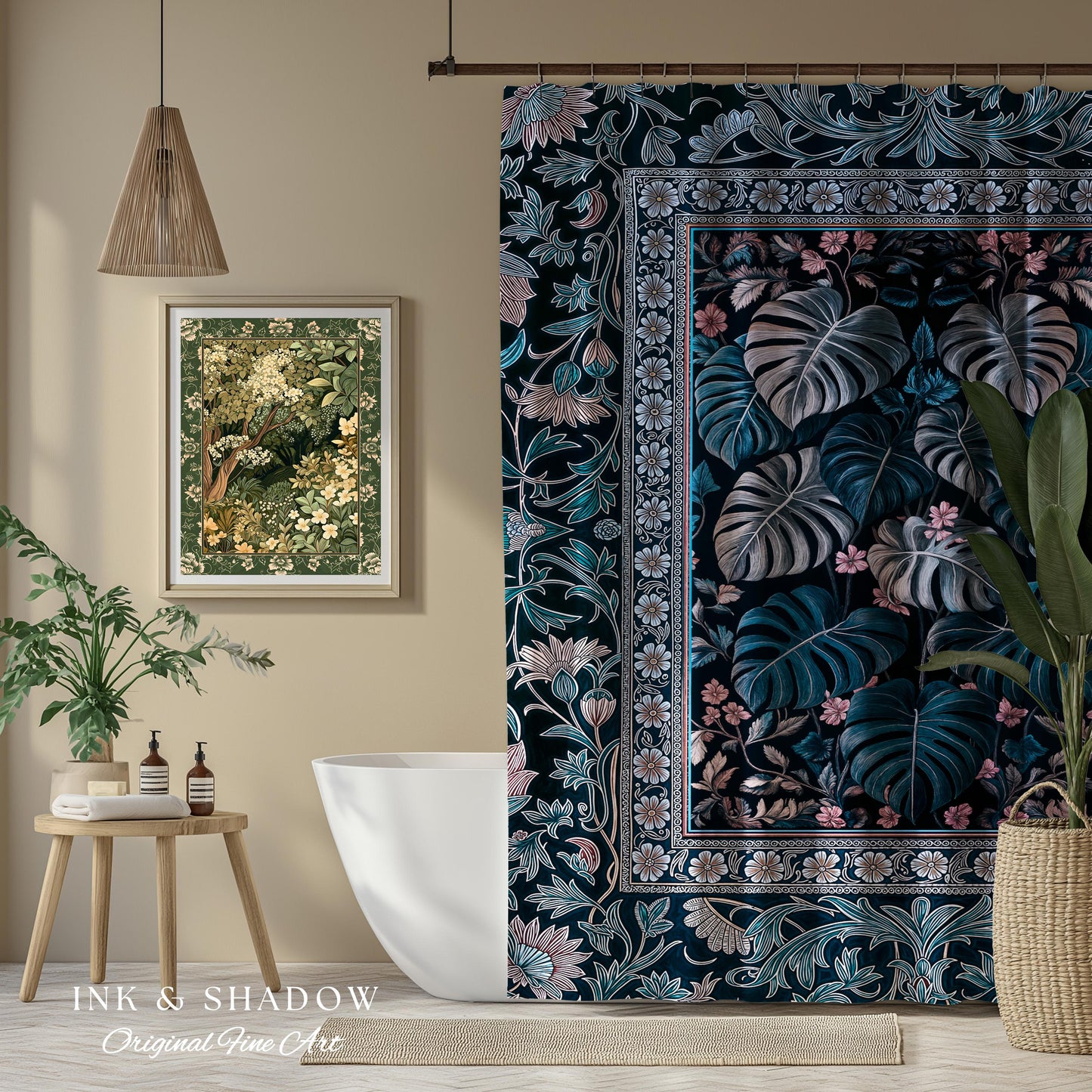 Deep Teal Ethereal Botanical Shower Curtain | Tropical Leaf Jungle Aesthetic Monstera Deliciosa Botanical Bathroom Dark Forestcore Whimsy |