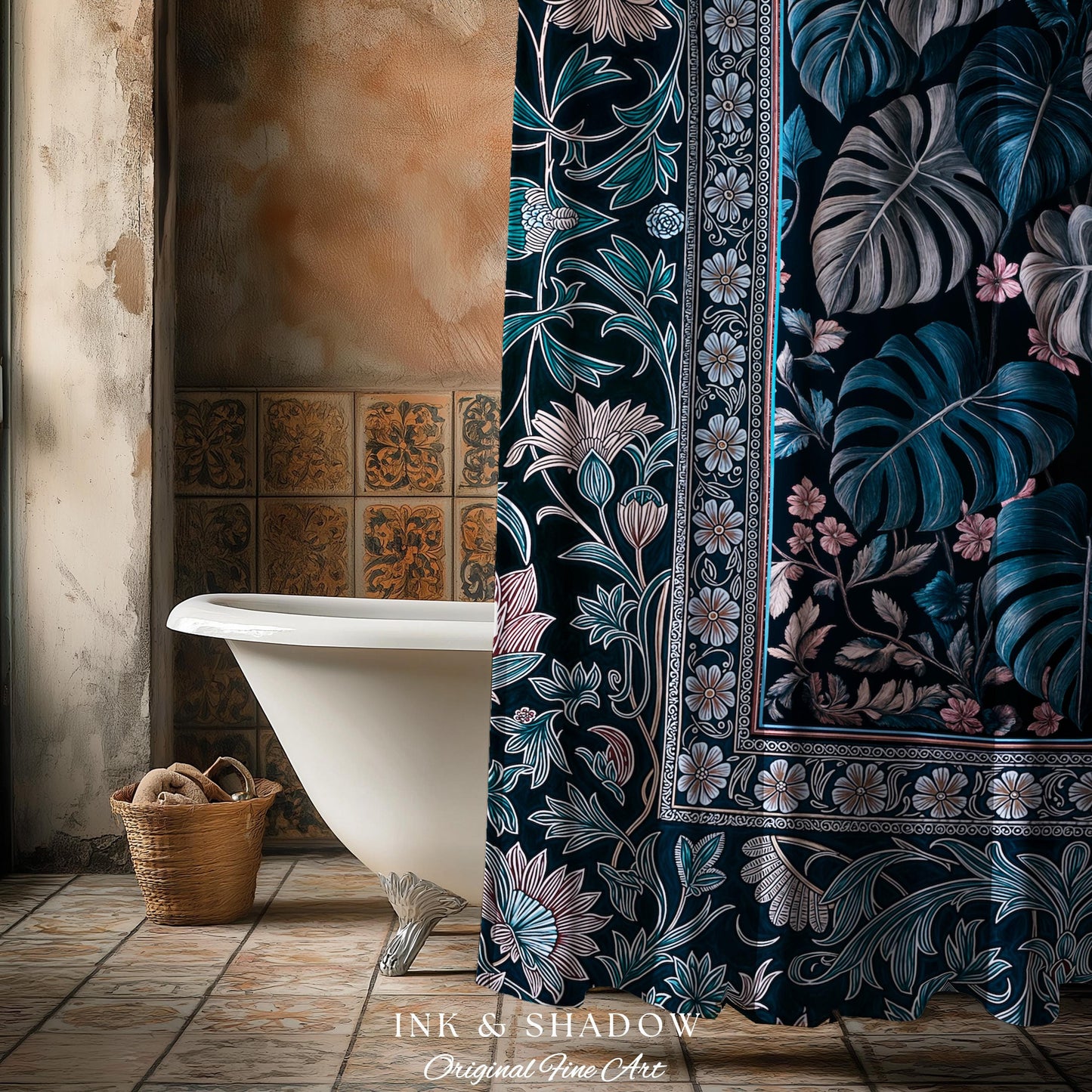 Deep Teal Ethereal Botanical Shower Curtain | Tropical Leaf Jungle Aesthetic Monstera Deliciosa Botanical Bathroom Dark Forestcore Whimsy |