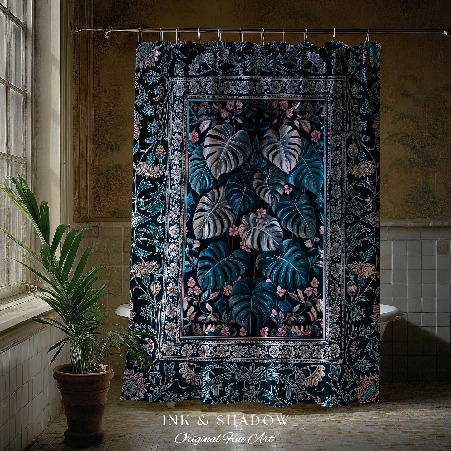 Deep Teal Ethereal Botanical Shower Curtain | Tropical Leaf Jungle Aesthetic Monstera Deliciosa Botanical Bathroom Dark Forestcore Whimsy |