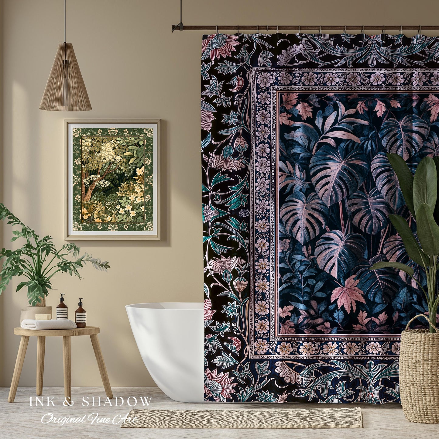 Misty Purple Tropical Jungle Shower Curtain | Houseplant Leaf Witchy Ethereal Aesthetic Monstera Deliciosa Dark Forestcore Gothic Bathroom