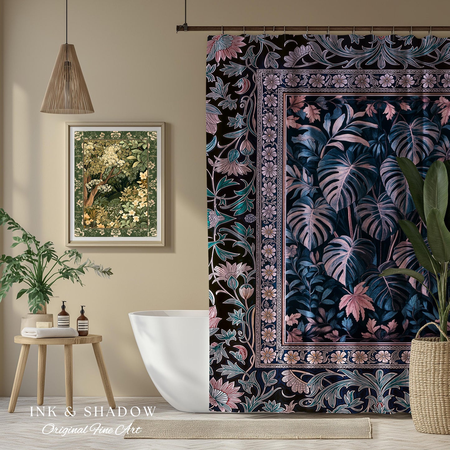 Misty Purple Tropical Jungle Shower Curtain | Houseplant Leaf Witchy Ethereal Aesthetic Monstera Deliciosa Dark Forestcore Gothic Bathroom