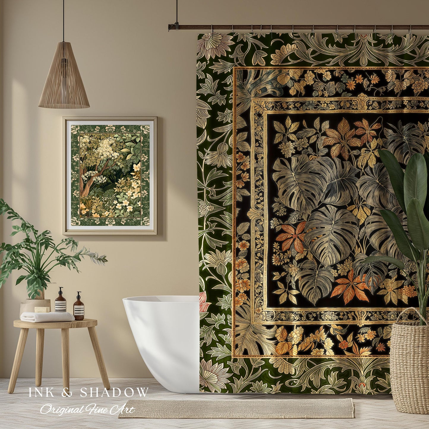 Whimsical Maximalist Cozy Shower Curtain | Dark Victorian Houseplant Monstera Deliciosa Romantic Victorian Floral Maximalist Jungle Bathroom