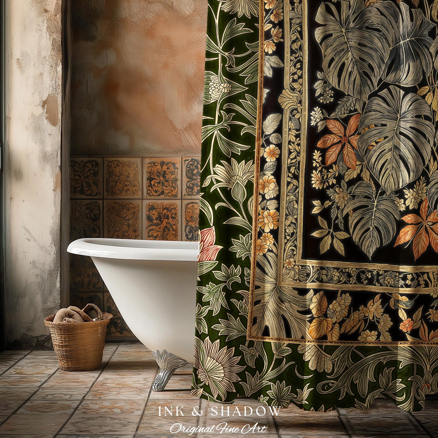 Whimsical Maximalist Cozy Shower Curtain | Dark Victorian Houseplant Monstera Deliciosa Romantic Victorian Floral Maximalist Jungle Bathroom