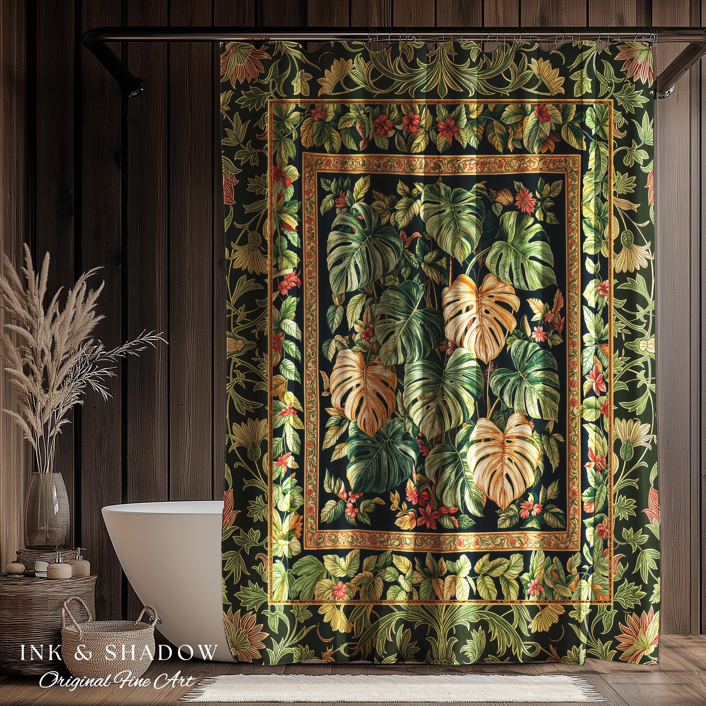 Eclectic Maximalist Monstera Shower Curtain | Dark Floral Houseplant Lover Botanical Whimsical Bathroom Tropical Aesthetic Housewarming Gift
