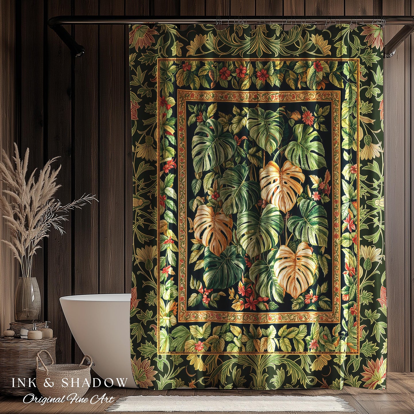 Eclectic Maximalist Monstera Shower Curtain | Dark Floral Houseplant Lover Botanical Whimsical Bathroom Tropical Aesthetic Housewarming Gift