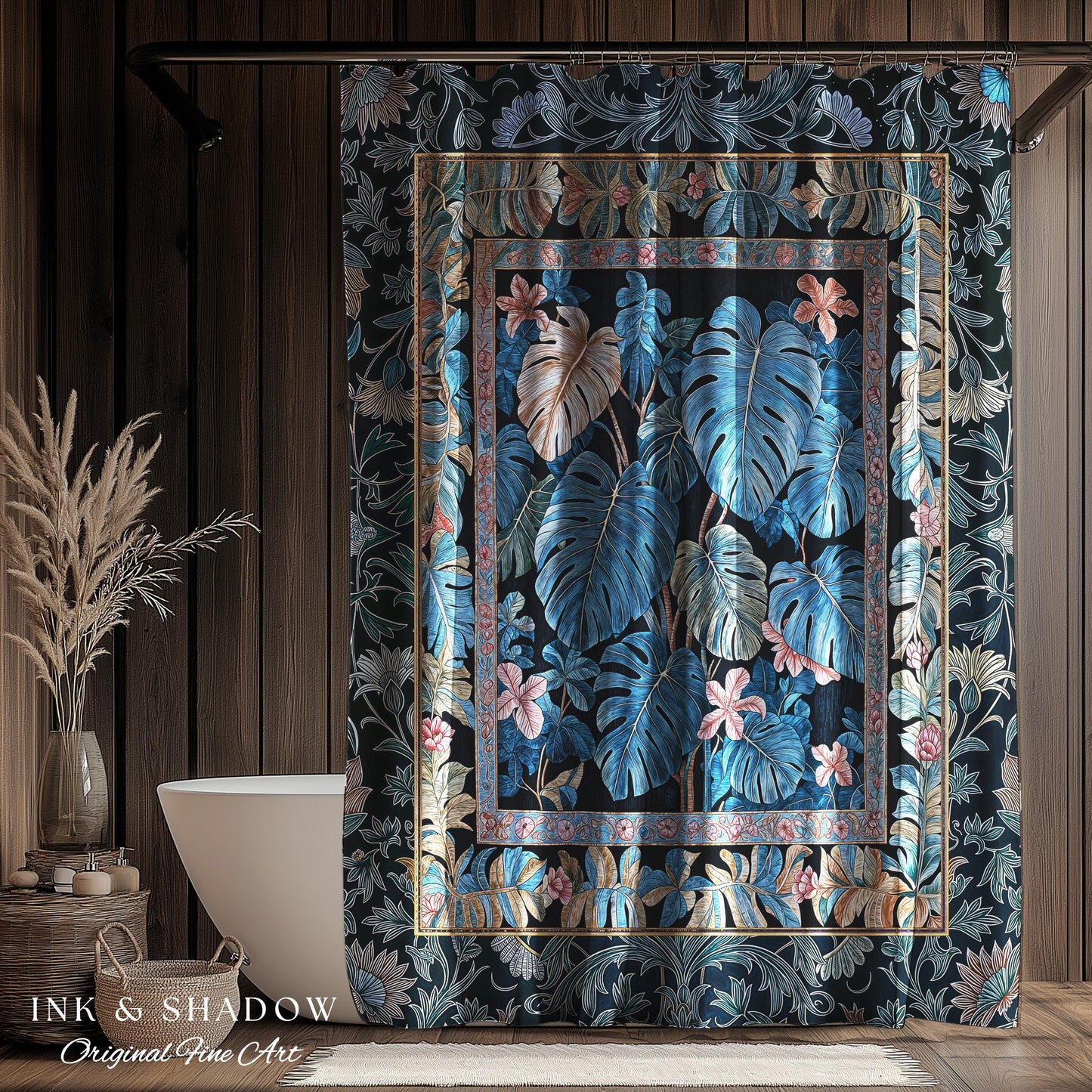 Ornate Floral Tropical Shower Curtain | Ethereal Woodland Dark Victorian Floral Houseplant Whimsical Gothic Aesthetic Monstera Bathroom |