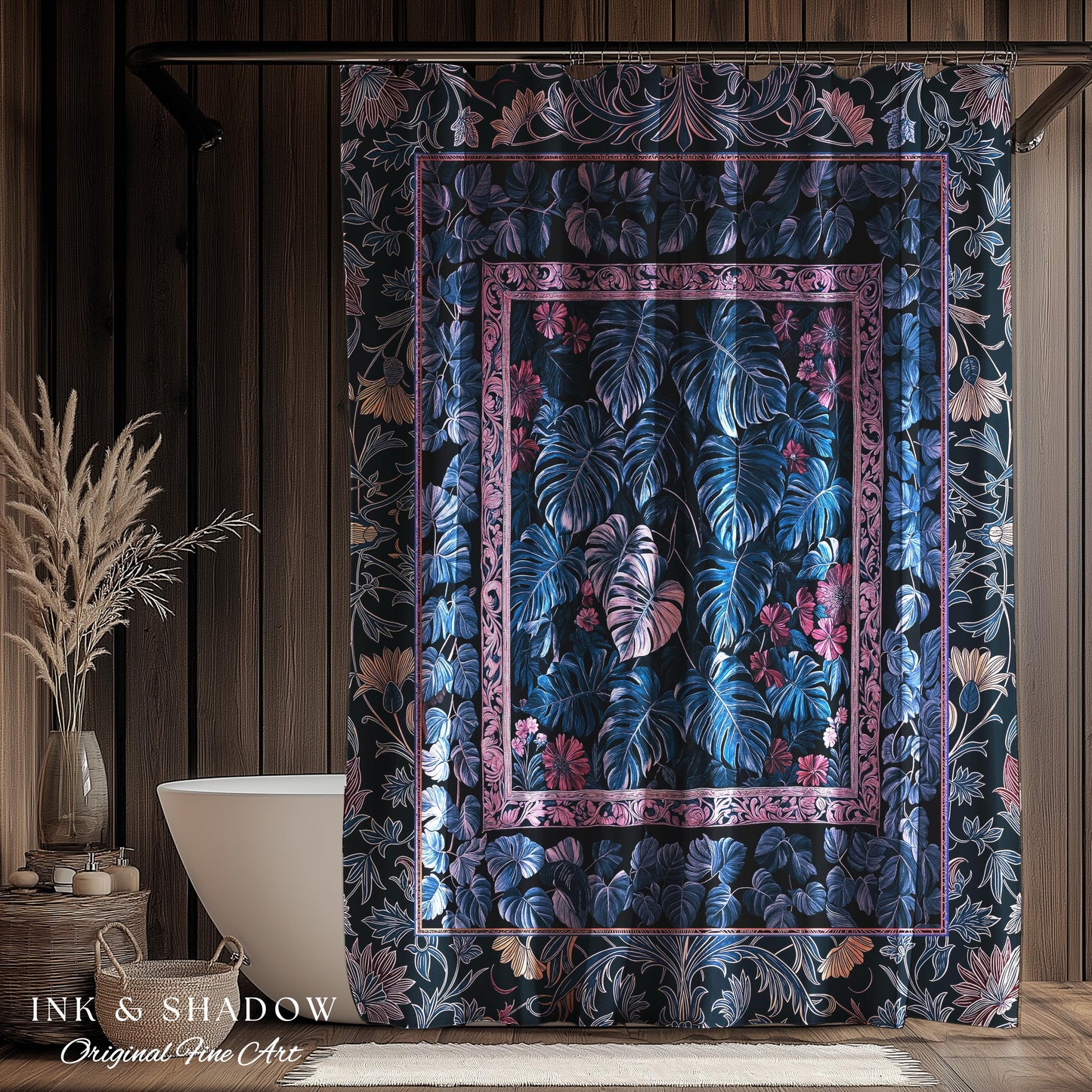 Moody Forest Monstera Shower Curtain | Dark Woodland Fairytale Aesthetic Ornate Victorian Floral Houseplant Bathroom Whimsigoth Botanical