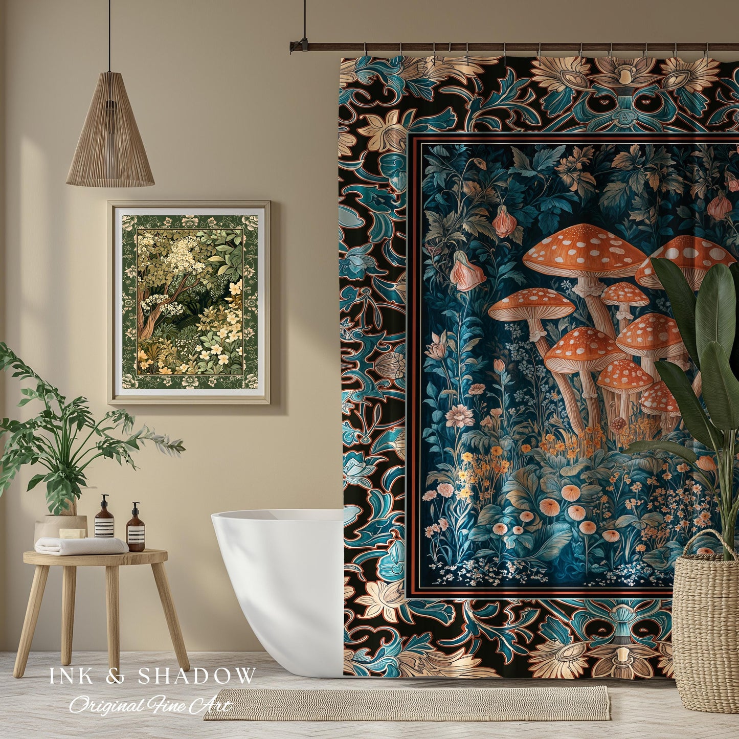 Mystic Forest Fungi Shower Curtain | Maximalist Aesthetic Whimsical Mushroom Bathroom Decor Fairycore Cute Cottagecore Housewarming Gift |