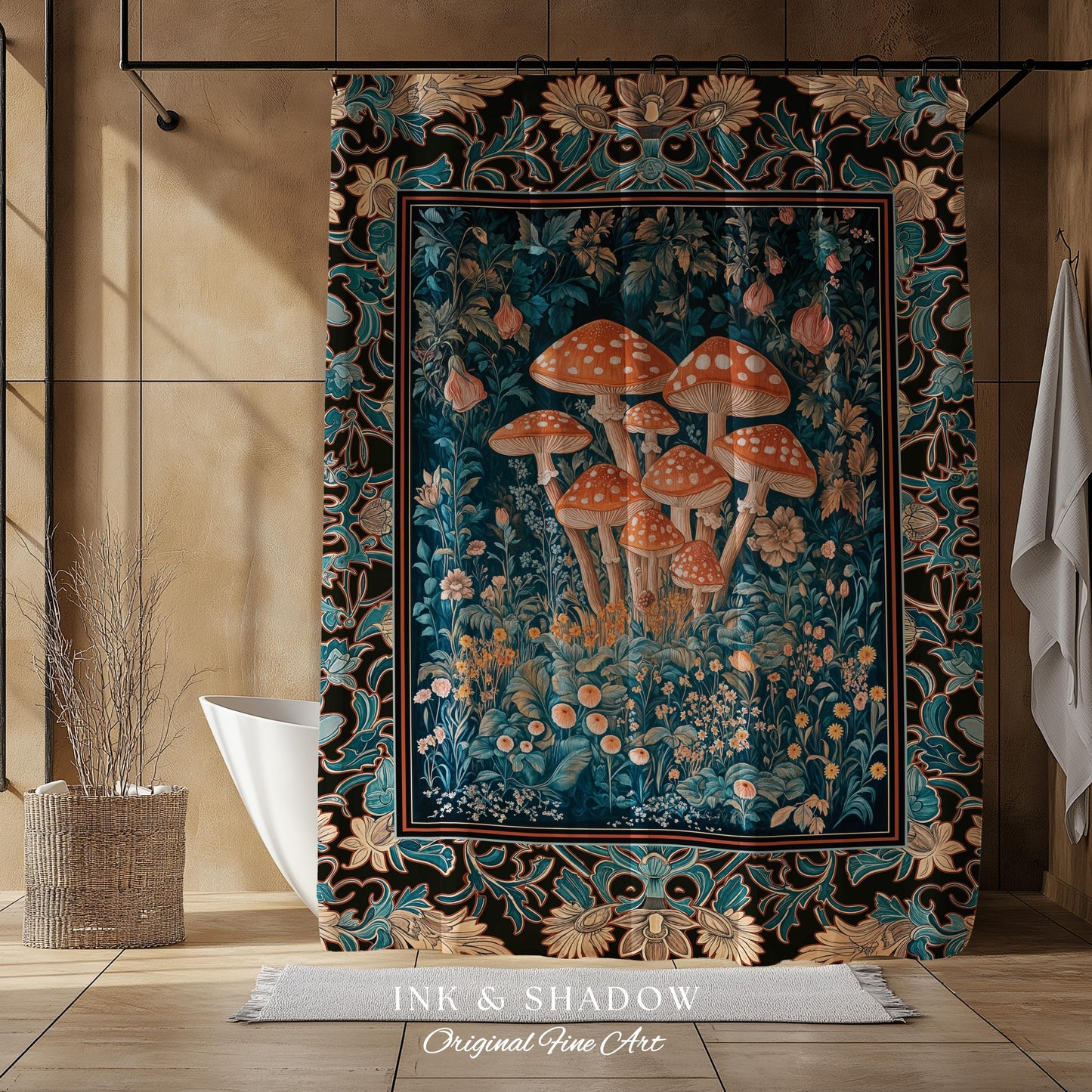 Mystic Forest Fungi Shower Curtain | Maximalist Aesthetic Whimsical Mushroom Bathroom Decor Fairycore Cute Cottagecore Housewarming Gift |