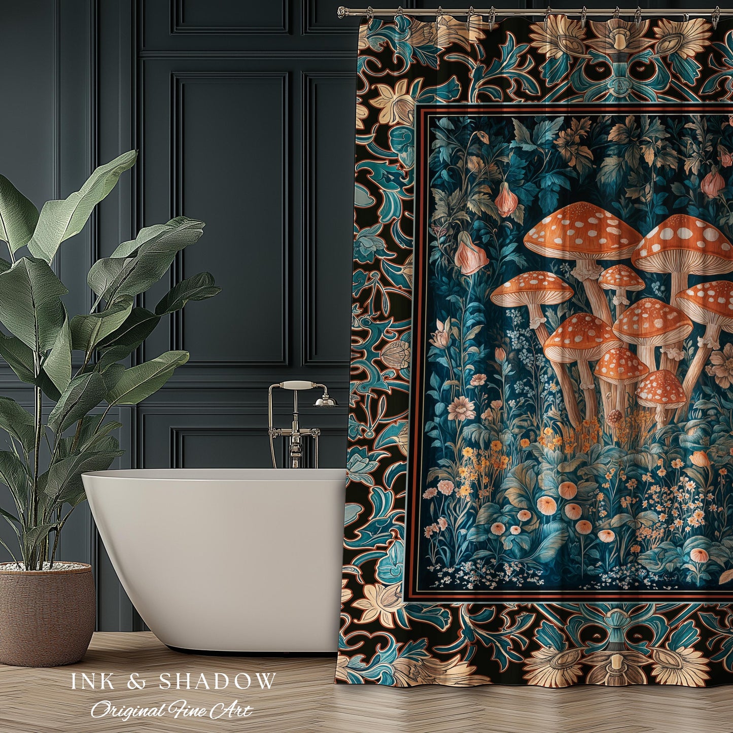 Mystic Forest Fungi Shower Curtain | Maximalist Aesthetic Whimsical Mushroom Bathroom Decor Fairycore Cute Cottagecore Housewarming Gift |