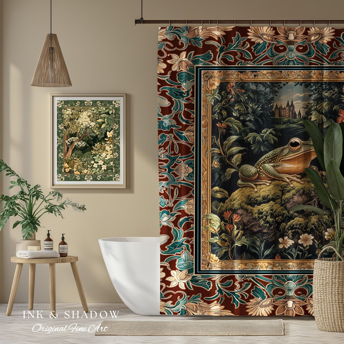 Storybook Aesthetic Frog Shower Curtain | Bohemian Bathroom Floral Ornate Dark Victorian Cottagecore Toad Whimsical Eclectic Home Decor |