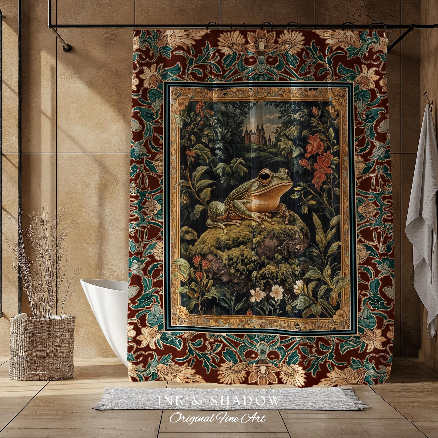 Storybook Aesthetic Frog Shower Curtain | Bohemian Bathroom Floral Ornate Dark Victorian Cottagecore Toad Whimsical Eclectic Home Decor |