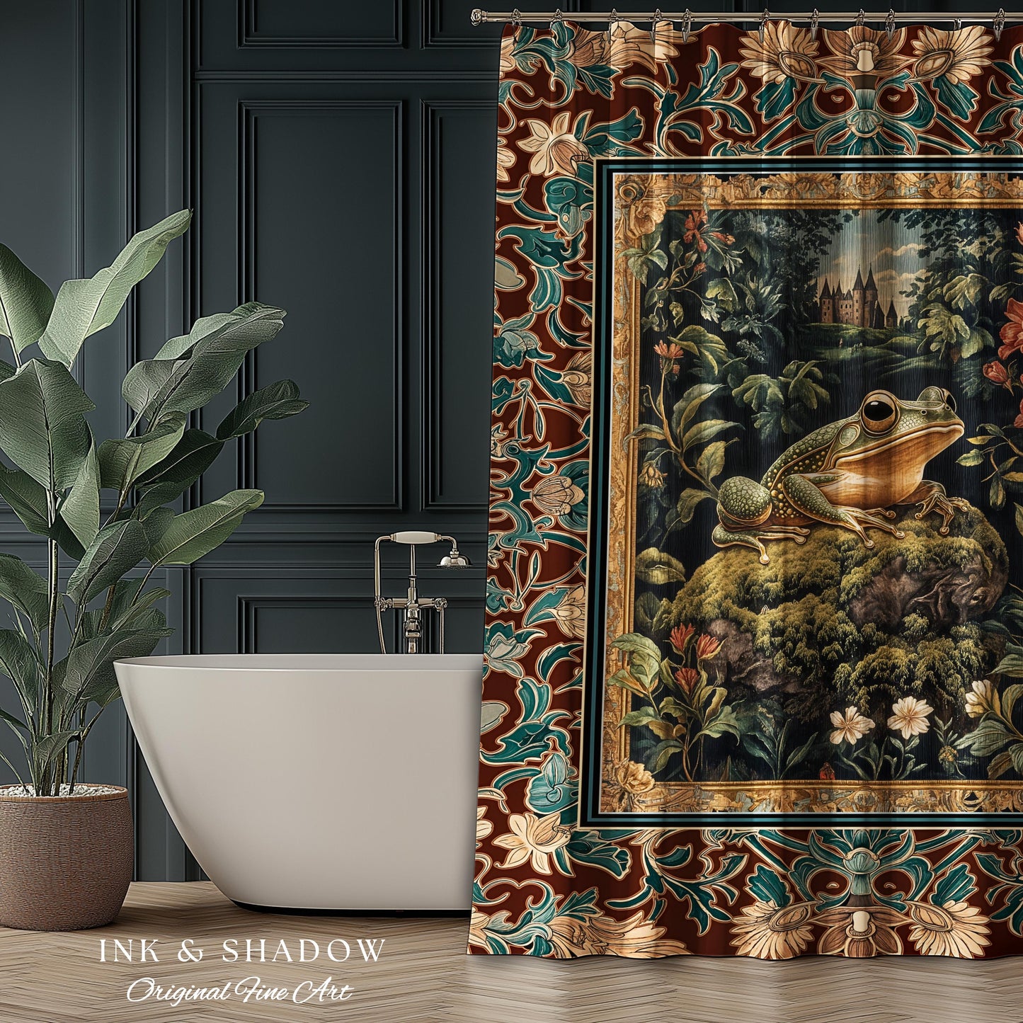 Storybook Aesthetic Frog Shower Curtain | Bohemian Bathroom Floral Ornate Dark Victorian Cottagecore Toad Whimsical Eclectic Home Decor |