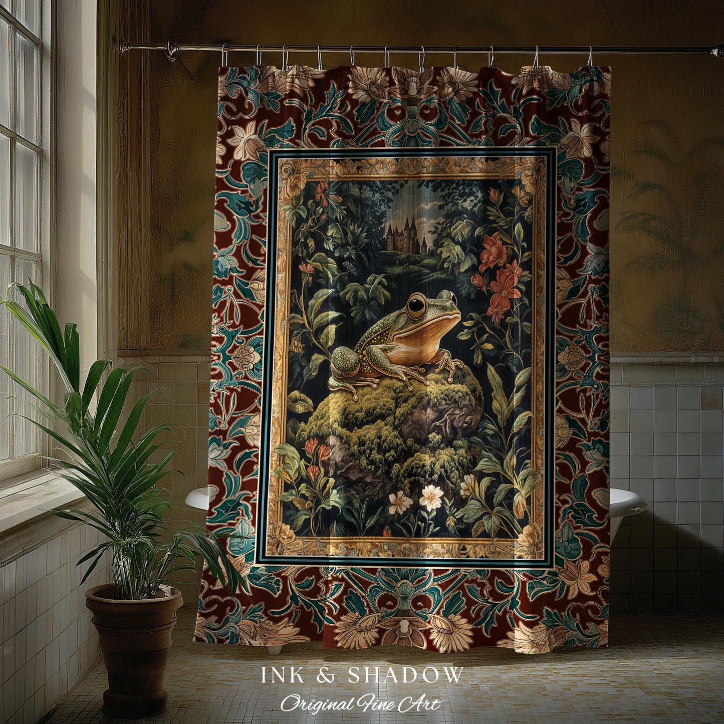Storybook Aesthetic Frog Shower Curtain | Bohemian Bathroom Floral Ornate Dark Victorian Cottagecore Toad Whimsical Eclectic Home Decor |