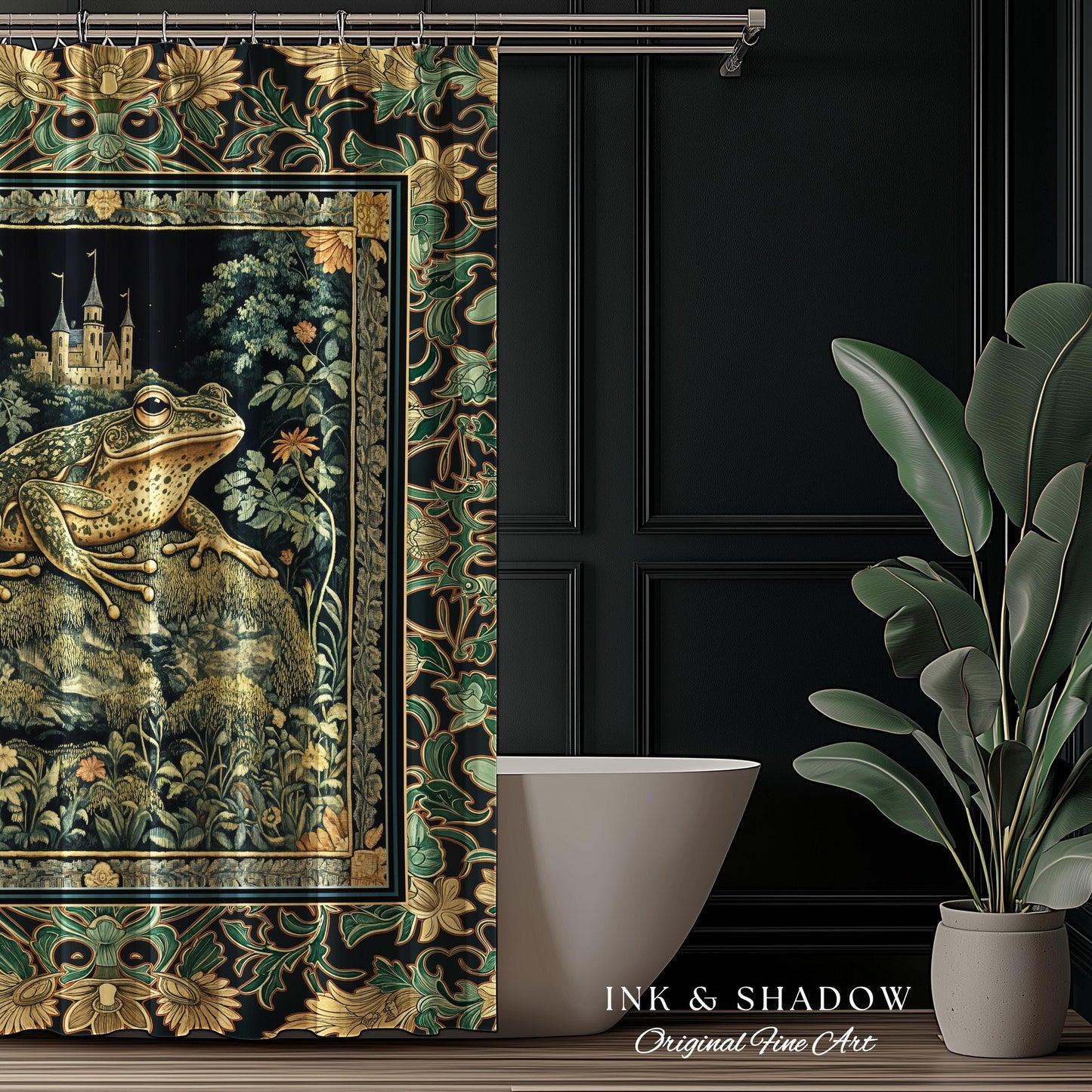 Whimsical Folklore Toad Castle Shower Curtain | Ethereal Landscape Elegant Botanical Goth Victorian Bathroom Eclectic Aesthetic Frog & Toad