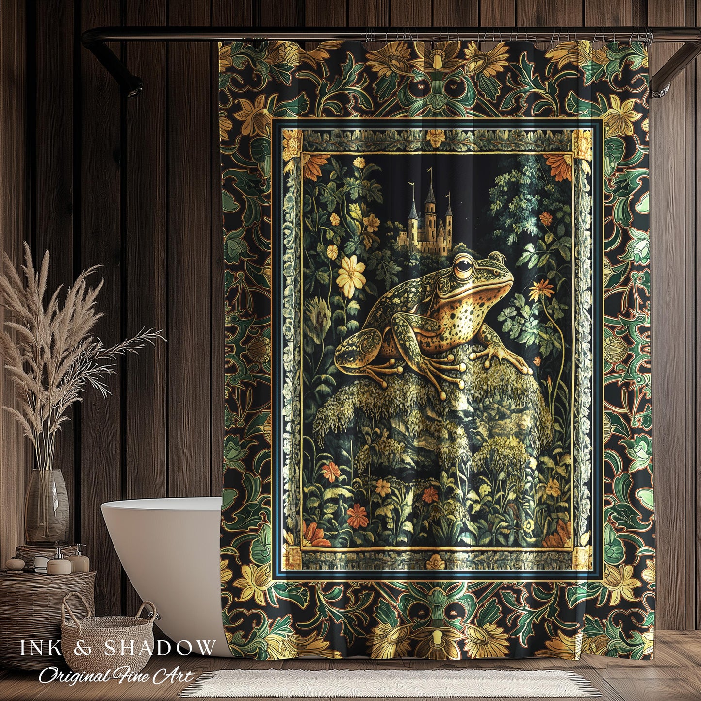 Whimsical Folklore Toad Castle Shower Curtain | Ethereal Landscape Elegant Botanical Goth Victorian Bathroom Eclectic Aesthetic Frog & Toad