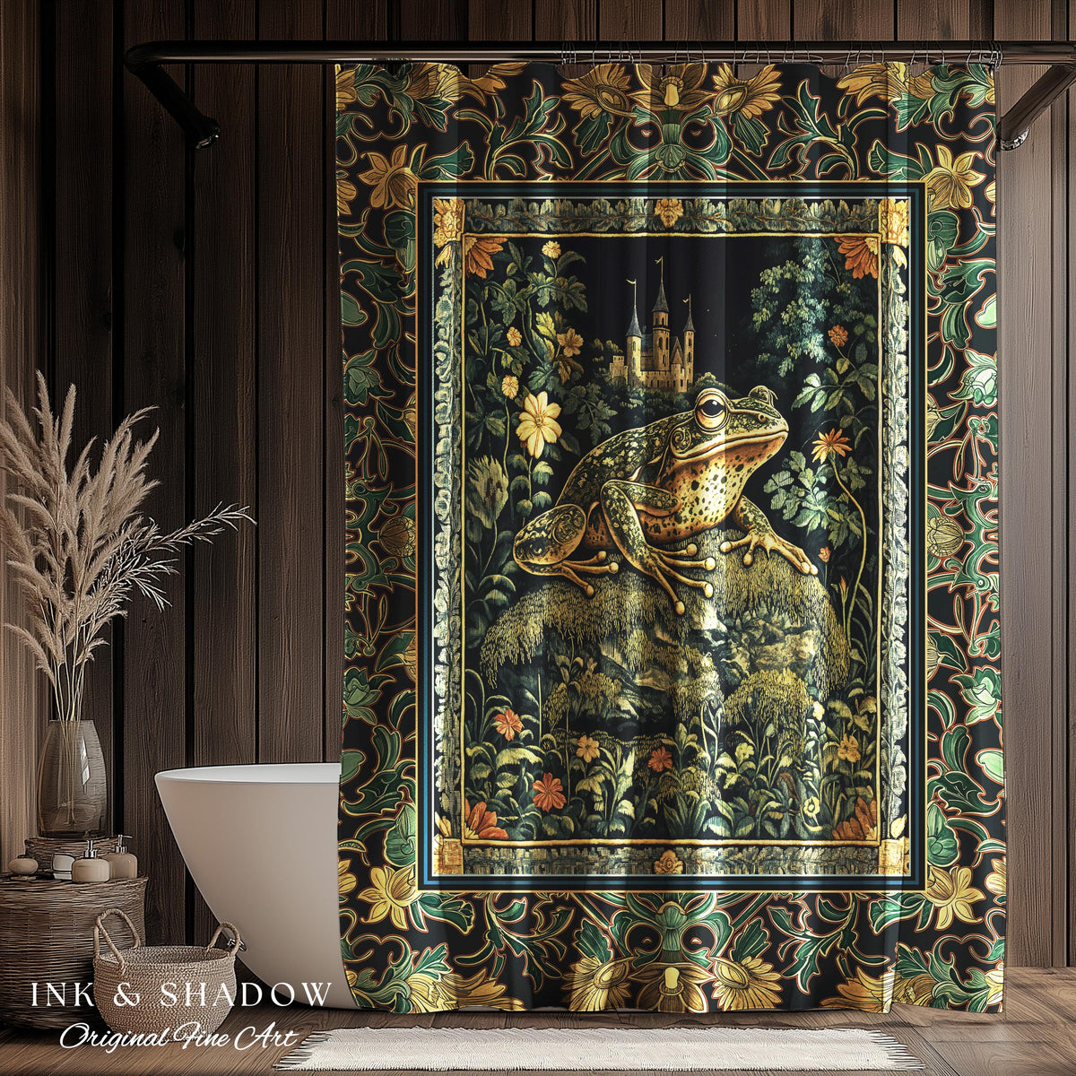 Whimsical Folklore Toad Castle Shower Curtain | Ethereal Landscape Elegant Botanical Goth Victorian Bathroom Eclectic Aesthetic Frog & Toad