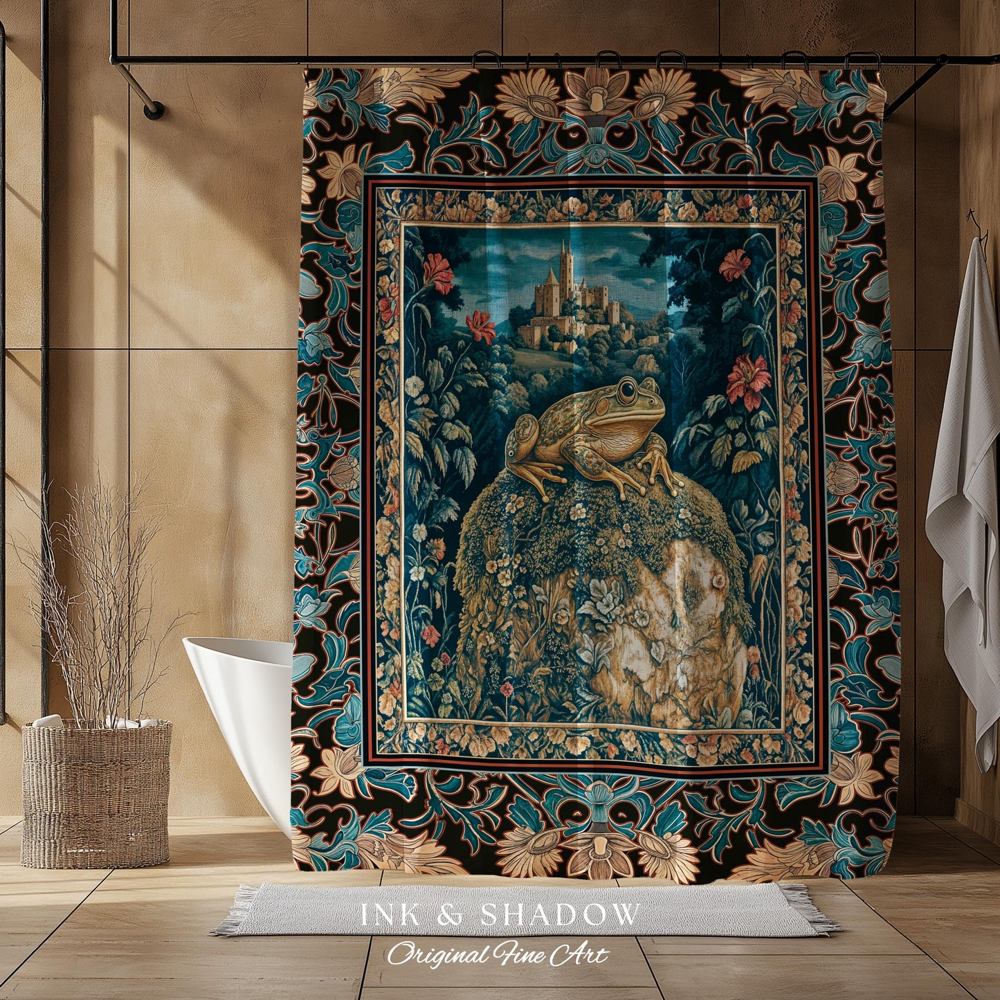 Fairytale Aesthetic Toad Shower Curtain | Frog Lover Bedroom Accent Goblincore Bathroom Dark Cottagecore Magic Eclectic Fairycore Book Nook