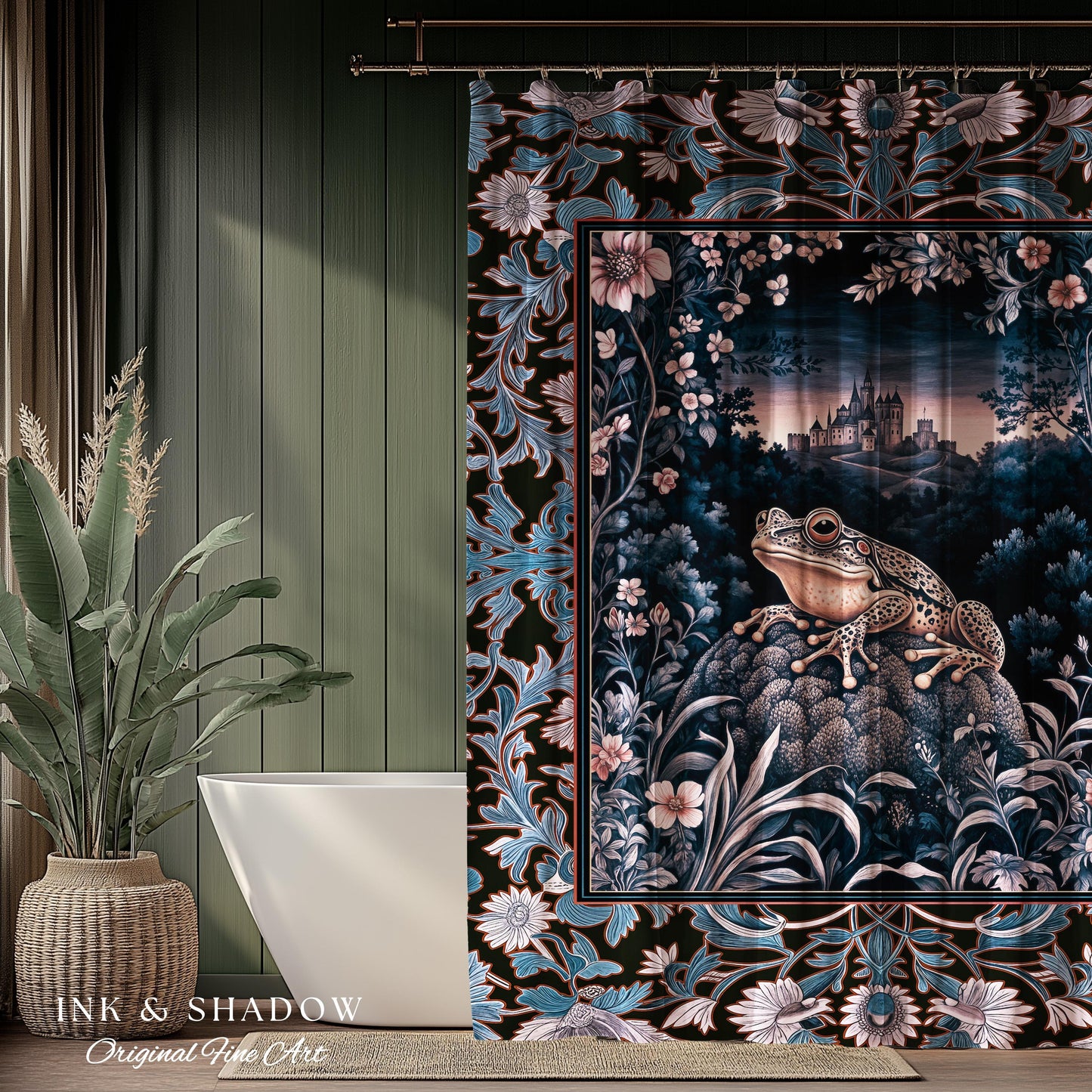 Witchy Toad Shower Curtain for Moody Bathroom | Dark Victorian Floral Frog Lover Decor Eclectic Bath Room Whimsical Cottagecore Aesthetic |