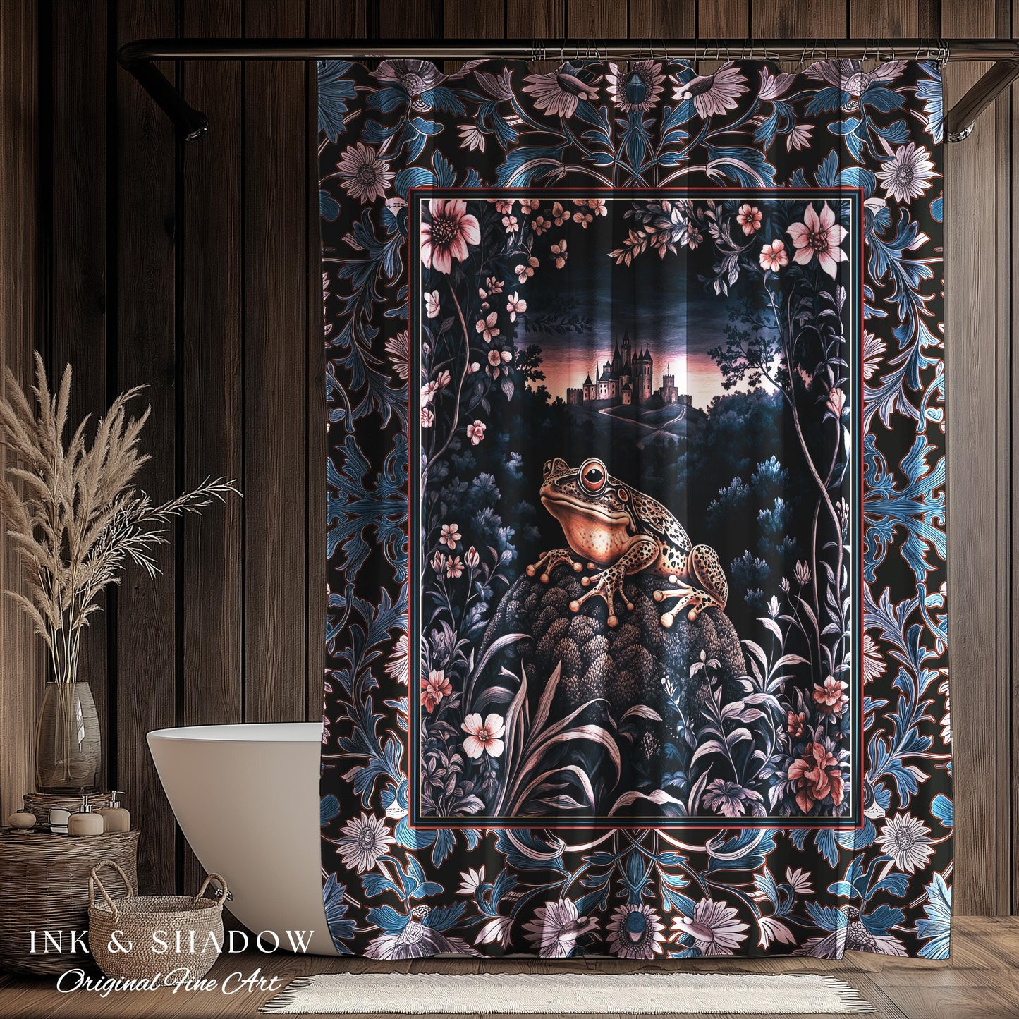 Witchy Toad Shower Curtain for Moody Bathroom | Dark Victorian Floral Frog Lover Decor Eclectic Bath Room Whimsical Cottagecore Aesthetic |