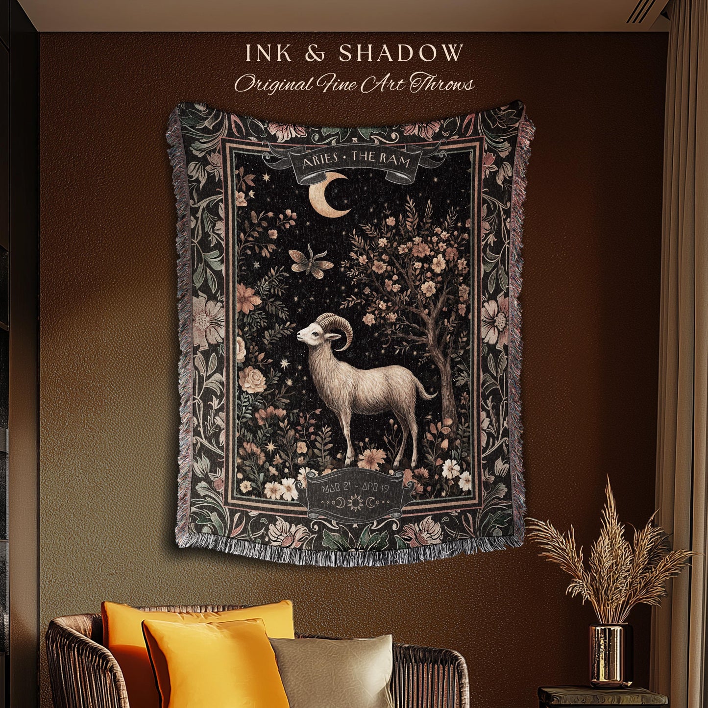 Rustic Aries Astrology Blanket The Ram Zodiac Tapestry Throw | Vintage Folklore Star Sign Decor Celestial Aries Birthday Gift for Fire Signs