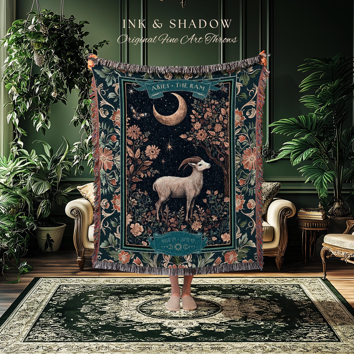 Whimsical Aries Zodiac Blanket Celestial Cottagecore Decor | The Ram Constellation Star Sign Tapestry Throw April Birth Month Astrology Art