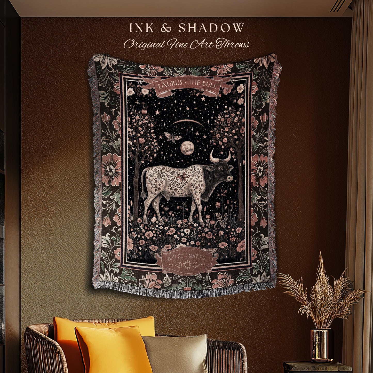 Victorian Gothic Taurus Zodiac Blanket Celestial Birthday Tapestry, The Bull Astrology Art Throw Baroque Romanticism Earth Sign Floral Decor