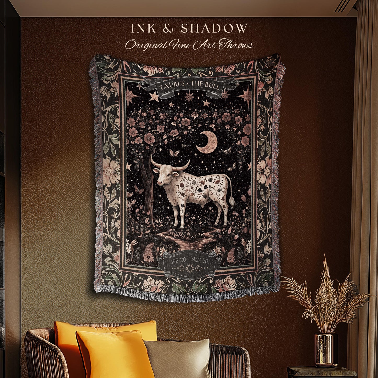 Folklore Vintage Taurus Zodiac Tapestry Blanket Rustic Astrology Gift | The Bull Earth Sign Throw Celestial Botanical Decor for May Birthday