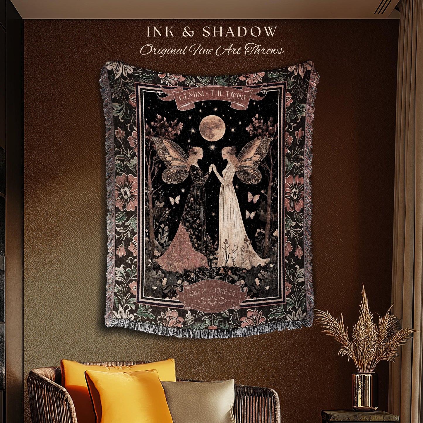Baroque Romanticism Gemini Constellation Blanket Victorian Astrology Tapestry | The Twins Fairycore Celestial Decor for Gemini Birthday Gift