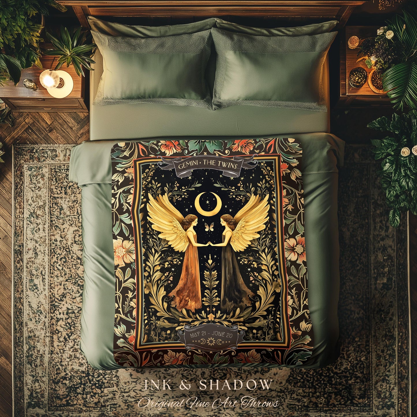 Folklore Inspired Gemini Astrology Blanket Rustic Fairycore Zodiac Tapestry | The Twins Celestial Star Sign Birthday Gift Constellation Art