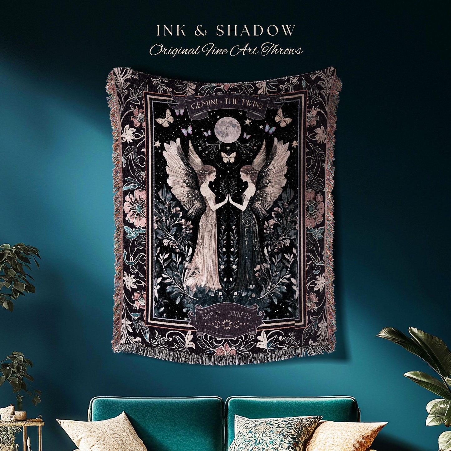 Full Moon Mystic Gemini Zodiac Dark Fairycore Tapestry Blanket Celestial Birthday Gift | The Twins Magic Witchy Whimsy Astrology Art Throw