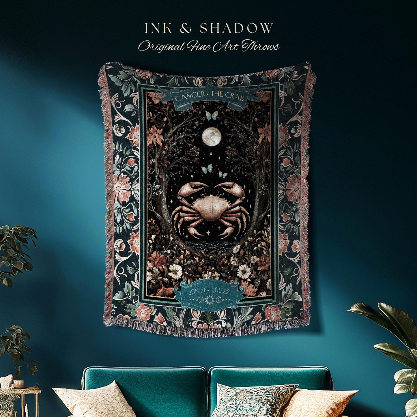 Midnight Full Moon Enchanted Forest Cancer Zodiac Blanket Celestial Throw | The Crab Astrology Tapestry Mystical Constellation Birthday Gift