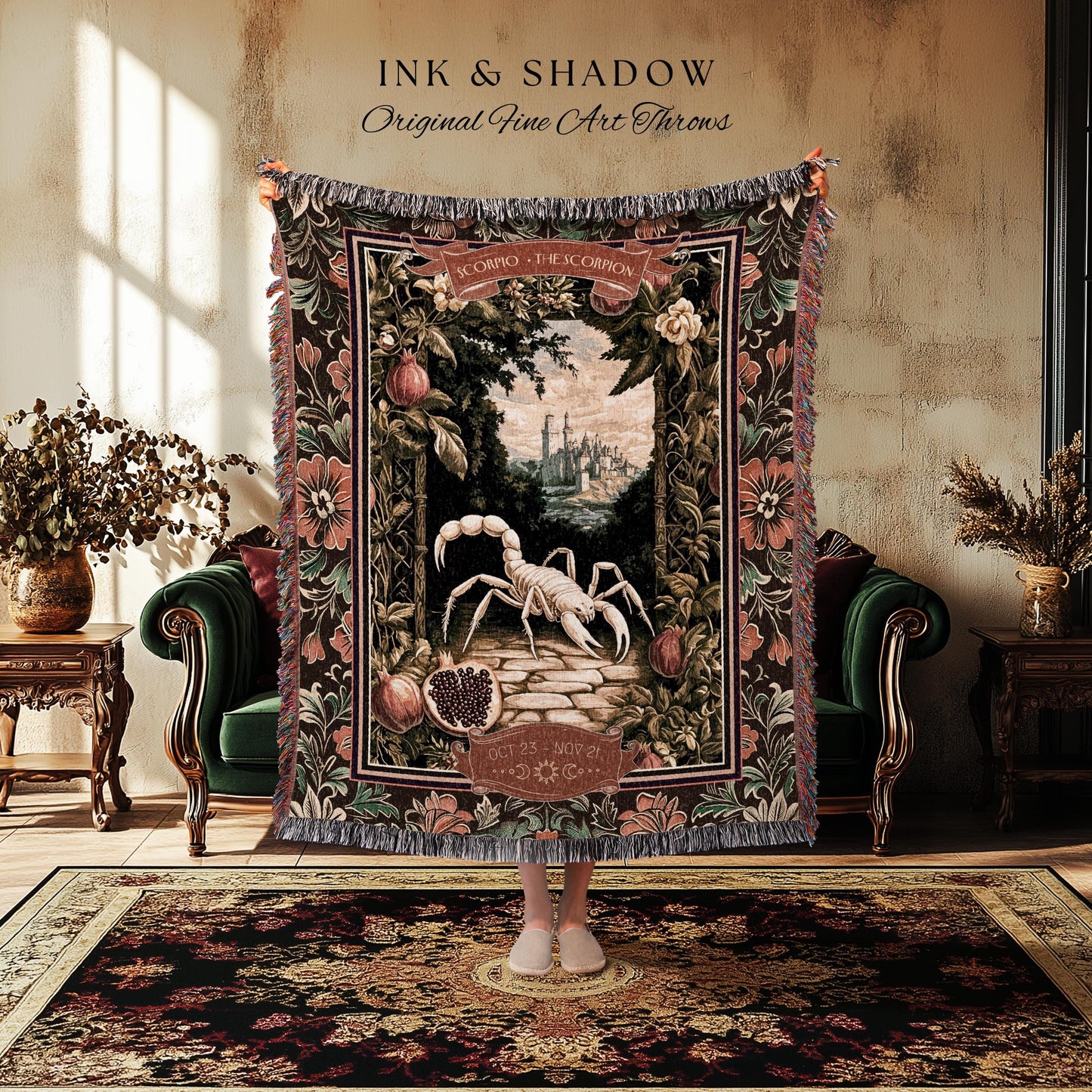Victorian Gothic Scorpio Zodiac Tapestry Light Academia Mythic Medieval Pomegranate Garden Throw, The Scorpion Astrology Birth Month Blanket